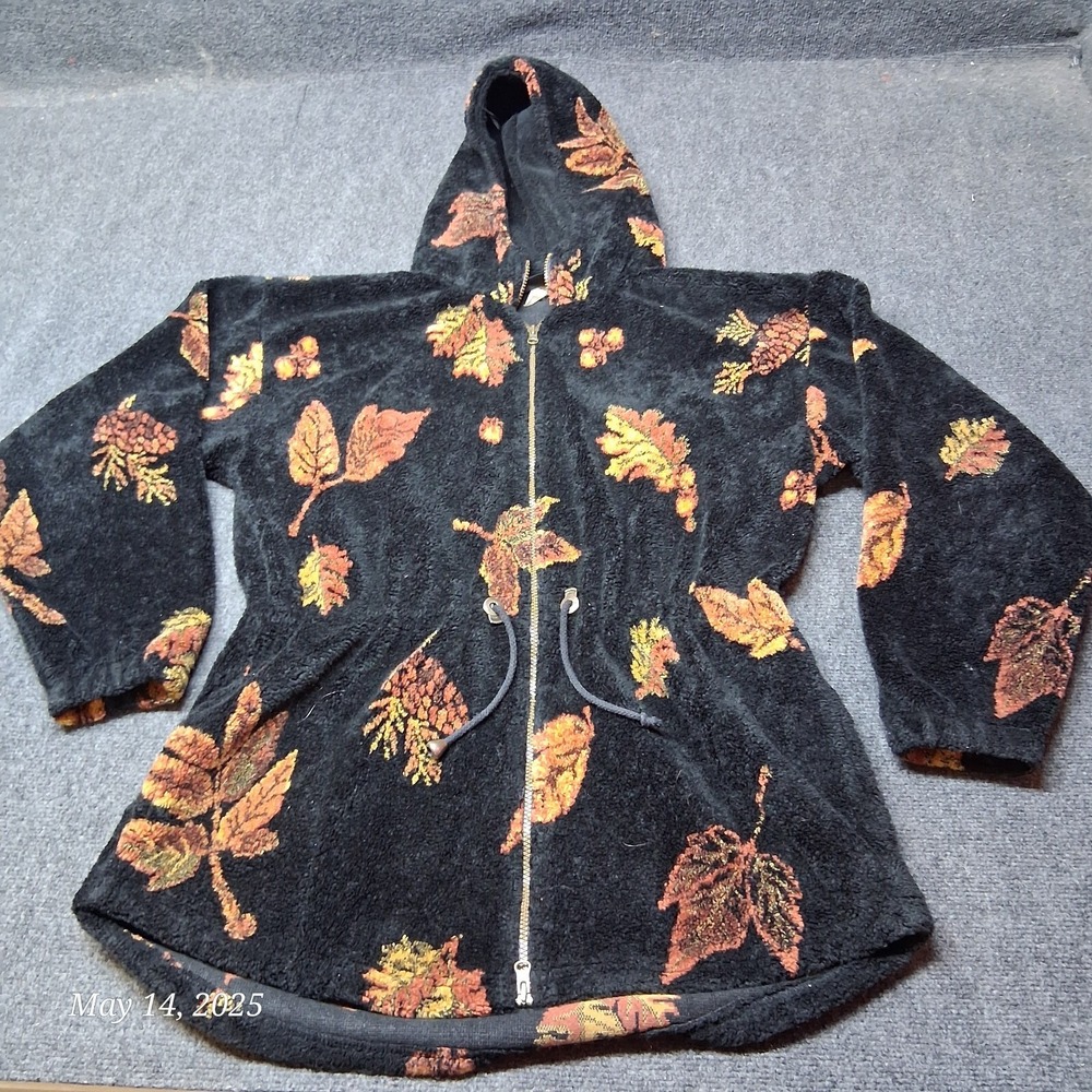 Vintage Mazmania Fall Leaf Fleece‎ Hooded Jacket Women Sz XL Black